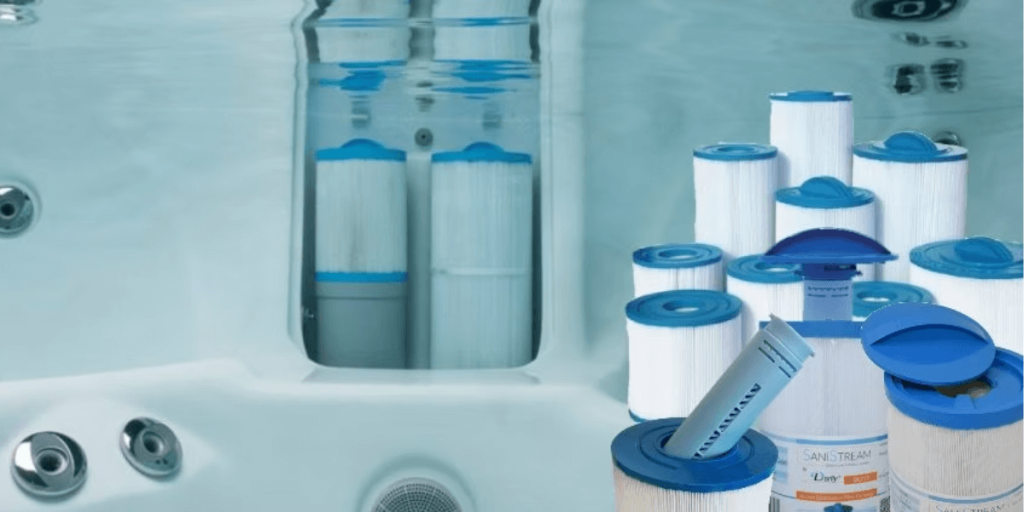 Close-up of hot tub filters for maintenance and cleaning to ensure optimal water quality and spa performance.
